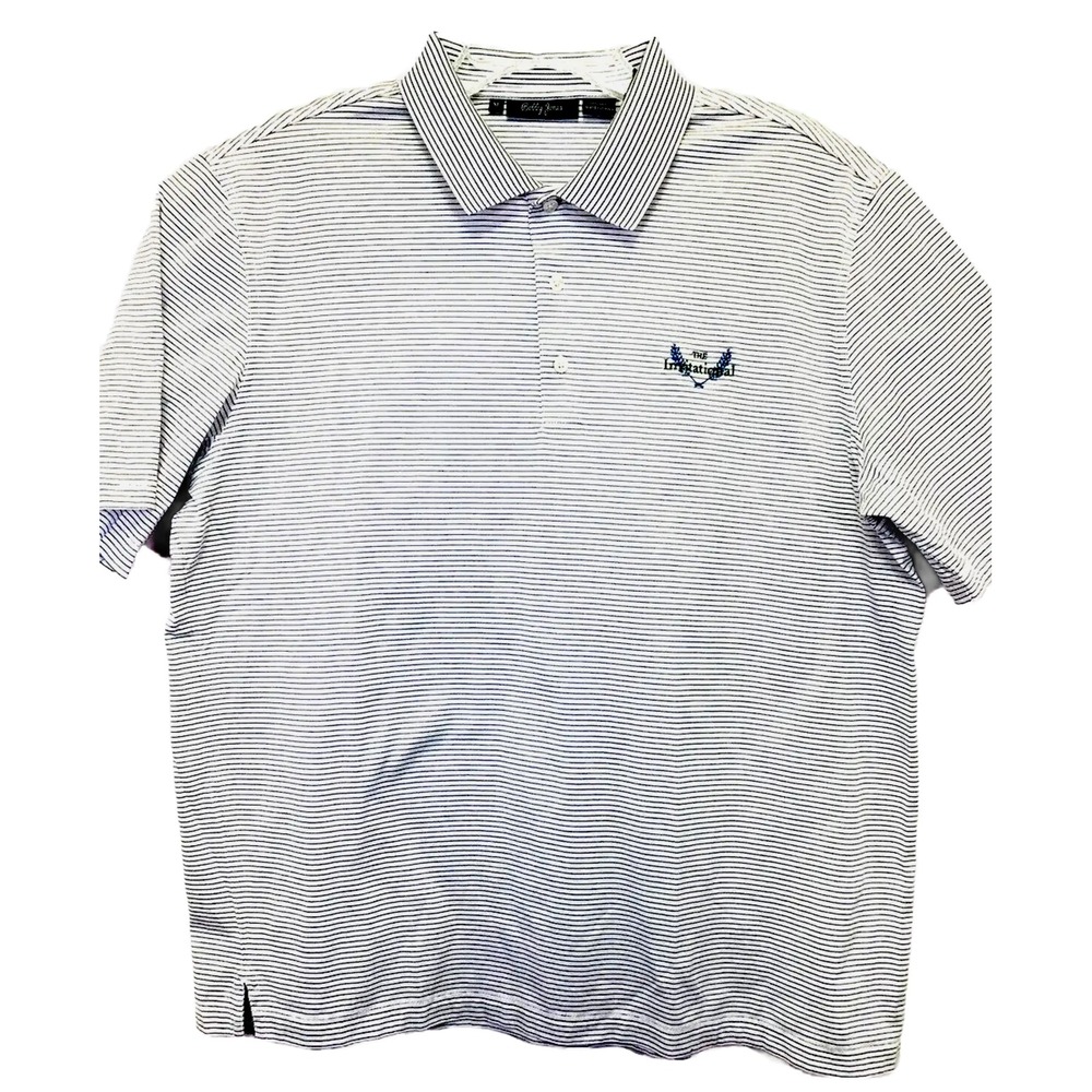 Bobby Jones Mens XL White/Blue Striped "The Invitational"Embroidered Polo (F27)